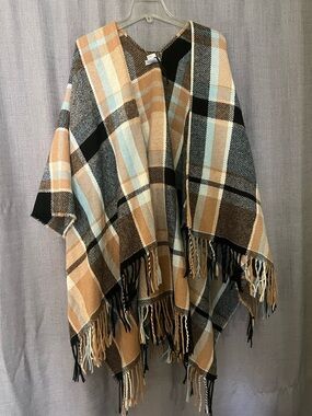 Plaid Fringe Poncho in Camel, Black & Light Blue
